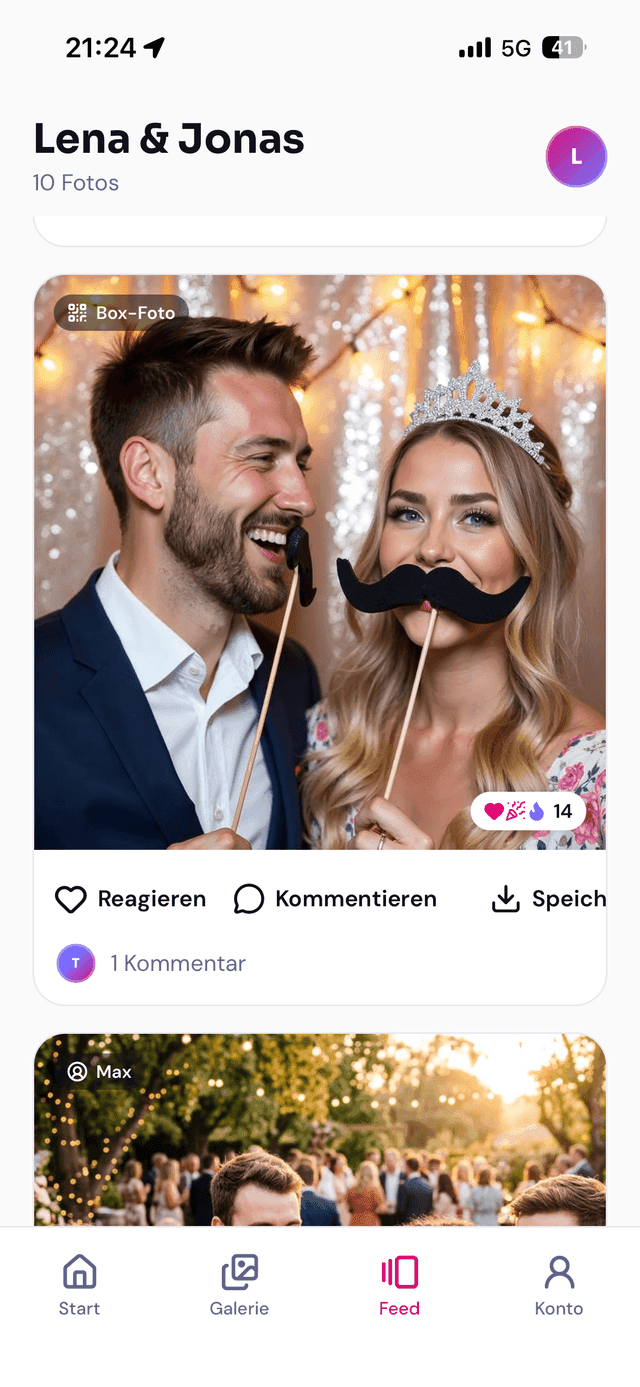 FexoBox Live App: Foto-Feed mit Box-Fotos, Reaktionen und Kommentaren