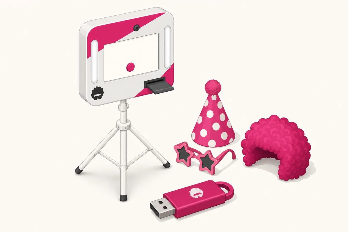 Illustration des Lite-Pakets: fexobox auf Stativ mit Verkleidungszubehör und USB-Stick, ohne Drucker