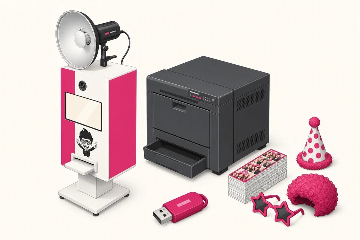 Illustration des PRO-Pakets: großer fexobox-Standkorpus mit Ringlicht, Profi-Drucker, Fotostreifen, Verkleidungszubehör und USB-Stick