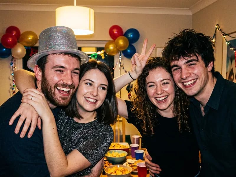Vier lachende Gäste mit Glitzerhut und Luftballons auf einer Feier